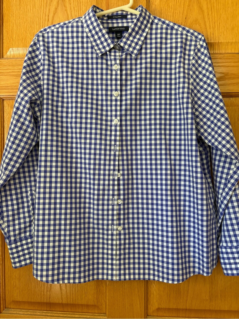 Lands' End Women’s  Blue & White Gingham Button-Down Shirt